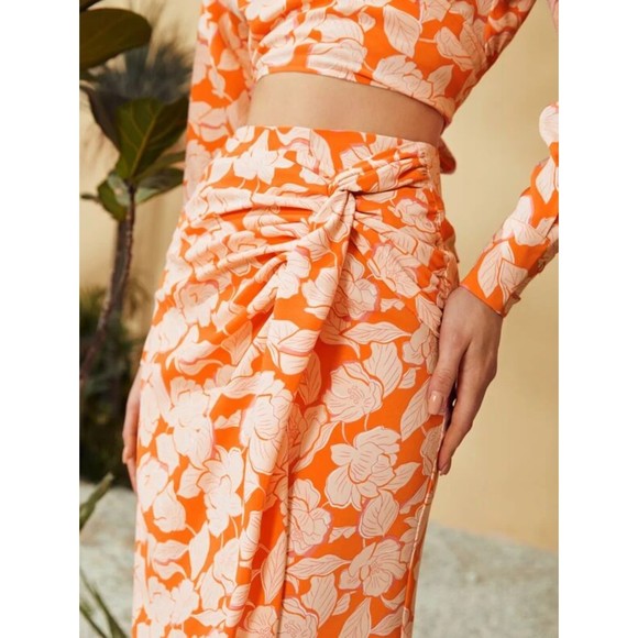 SHEIN Allover Floral Print Twist Side Skirt Midi Zip Fit Orange XS High Waist - Picture 4 of 9
